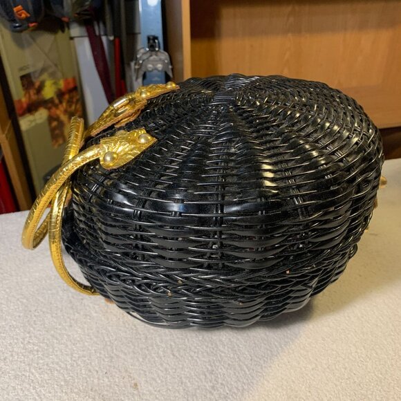 Vintage British Hong Kong Woven Wicker Basket Purse Handbag Black Gold - Picture 3 of 11